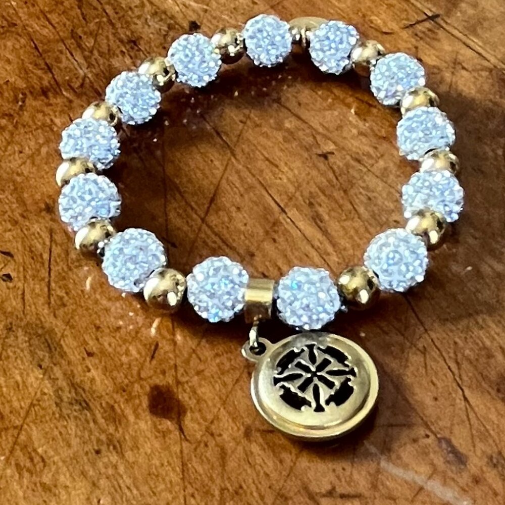 Rustic Cuff White/Silver Pave Shambala Beaded Stretch Logo Bracelet